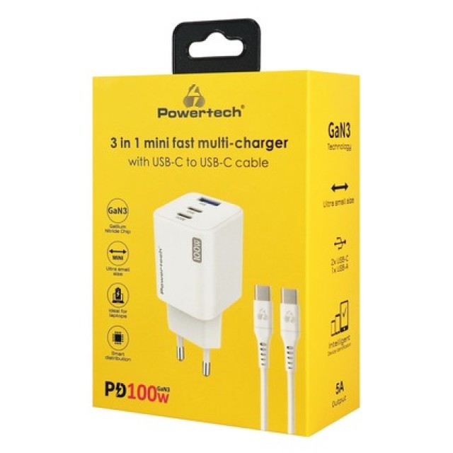 POWERTECH μίνι φορτιστής τοίχου PT-1671 με καλώδιο, USB/2x USB-C, 100W, GaN, λευκός POWERTECH μίνι φορτιστής τοίχου PT-1671 με καλώδιο, USB/2x USB-C, 100W, GaN, λευκός