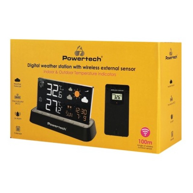 POWERTECH ψηφιακός μετεωρολογικός σταθμός PT-1658 με ασύρματο εξωτερικό αισθητήρα, ξυπνητήρι, μαύρος