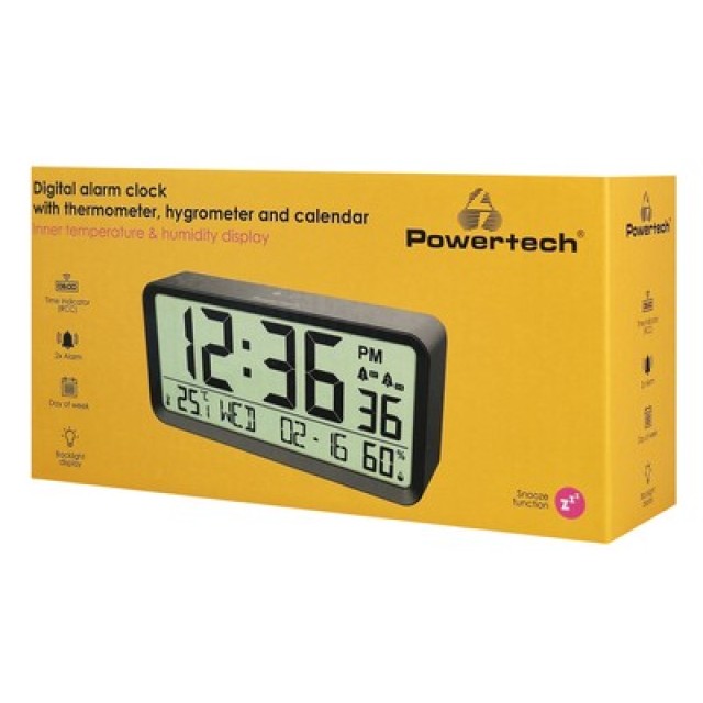 POWERTECH επιτραπέζιο ψηφιακό ρολόι-ξυπνητήρι PT-1659 με θερμόμετρο/υγρασιόμετρo/ημερολόγιο, μαύρο