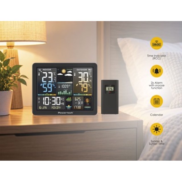 POWERTECH ψηφιακός μετεωρολογικός σταθμός PT-1660 με ασύρματο εξωτερικό αισθητήρα, ξυπνητήρι, μαύρος