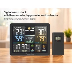 POWERTECH ψηφιακός μετεωρολογικός σταθμός PT-1660 με ασύρματο εξωτερικό αισθητήρα, ξυπνητήρι, μαύρος