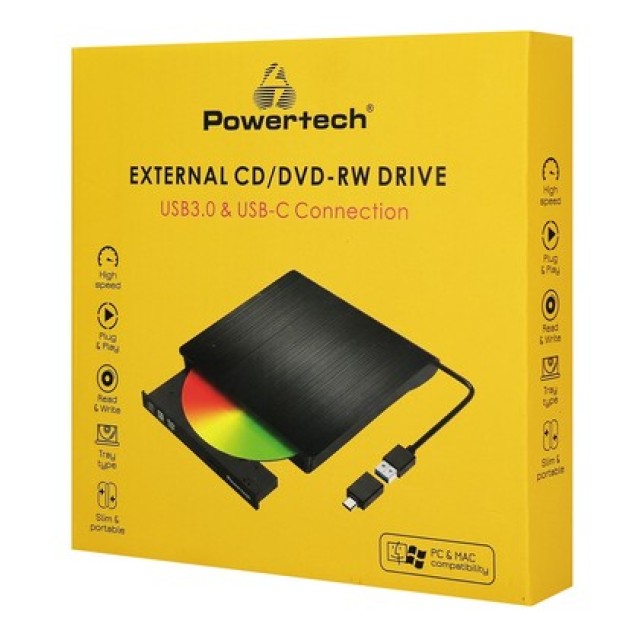 POWERTECH εξωτερικός οδηγός εγγραφής/ανάγνωσης CD/DVD PT-1678, USB/USB-C σύνδεση, μαύρος