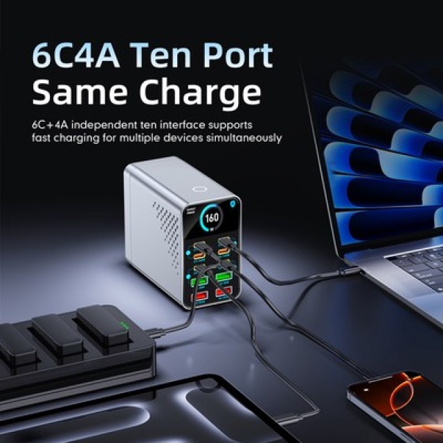 POWERTECH σταθμός φόρτισης PT-1687, 4x USB & 6x USB-C, GaN, 165W, γκρι
