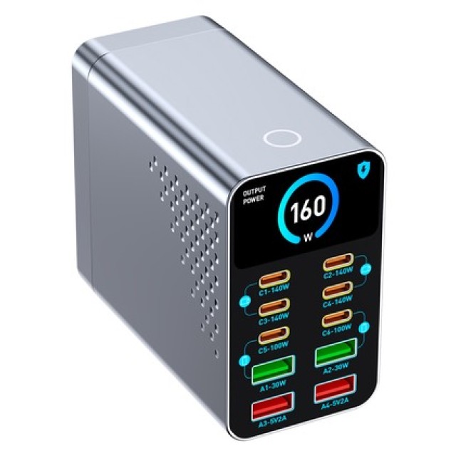 POWERTECH σταθμός φόρτισης PT-1687, 4x USB & 6x USB-C, GaN, 165W, γκρι