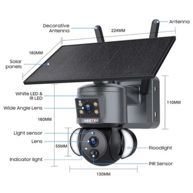 SECTEC smart ηλιακή κάμερα ST-538-6MAOV-4G-EU, dual lens, 3MP, 4G, SD, PTZ, IP66 SECTEC smart ηλιακή κάμερα ST-538-6MAOV-4G-EU, dual lens, 3MP, 4G, SD, PTZ, IP66