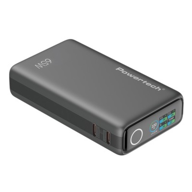 POWERTECH power bank PT-1639 με οθόνη & καλώδιο, 10000mAh, 65W, γκρι