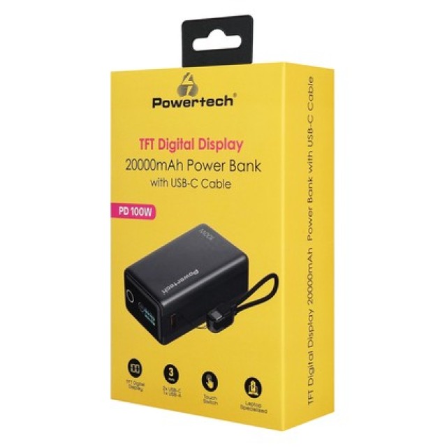 POWERTECH power bank PT-1640 με οθόνη & καλώδιο, 20000mAh, 100W, γκρι