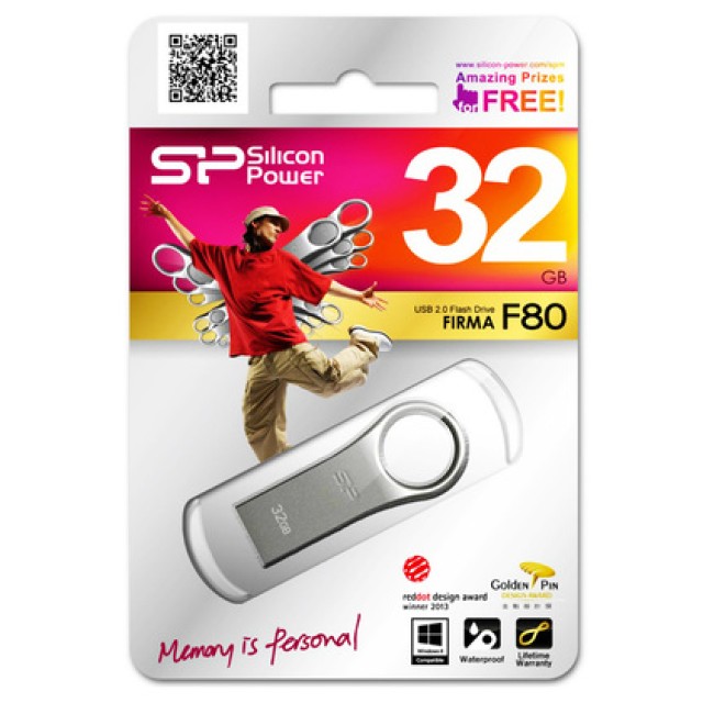 SILICON POWER USB Flash Drive Firma F80, 32GB, USB 2.0, ασημί