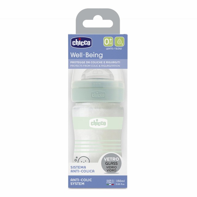 Chicco Γυάλινο Μπιμπερό Well Being Κατά των Κολικών Με Θηλή Σιλικόνης Πράσινο 150ml Για 0+ Μηνών Chicco Γυάλινο Μπιμπερό Well Being Κατά των Κολικών Με Θηλή Σιλικόνης Πράσινο 150ml Για 0+ Μηνών