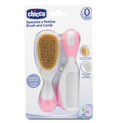 Chicco Βρεφική Βούρτσα και Χτένα Από Φυσική Τρίχα Ροζ Για 0+ Μηνών