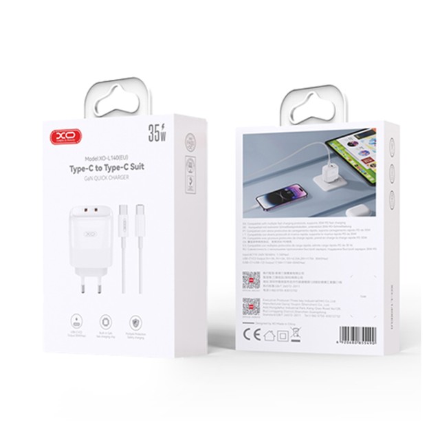 XO L140 (EU) 35W GAN NITRIDE (2 USB-C) FAST CHARGING CHARGER WITH TYPE-C CABLE (NB-Q190A)