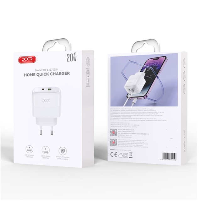 XO L137 (EU) PD20W / QC18W  (1 USB-A+1 USB-C) FAST CHARGING CHARGER