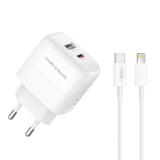 XO L137 (EU) PD20W/QC18W (1 USB-A + 1 USB-C) FAST CHARGING CHARGER WITH LIGHTNING CABLE (NB189A)
