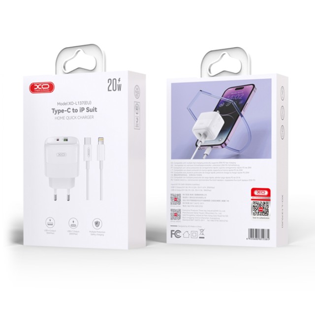 XO L137 (EU) PD20W/QC18W (1 USB-A + 1 USB-C) FAST CHARGING CHARGER WITH LIGHTNING CABLE (NB189A)