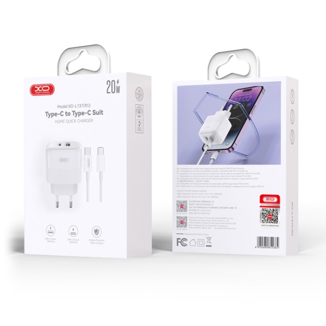 XO L137 (EU) PD20W/QC18W (1 USB-A + 1 USB-C) FAST CHARGING CHARGER WITH TYPE-C CABLE (NB190A)