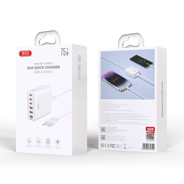 XO L133 (EU) 75W GAN 3A + 3C FAST CHARGER WITH 1.5m POWER CORD