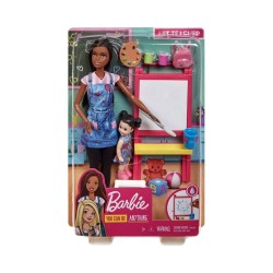 Mattel Barbie You Can be Anything - Dark Skin Doll Art Teacher with Brunette kid Doll (GJM30)