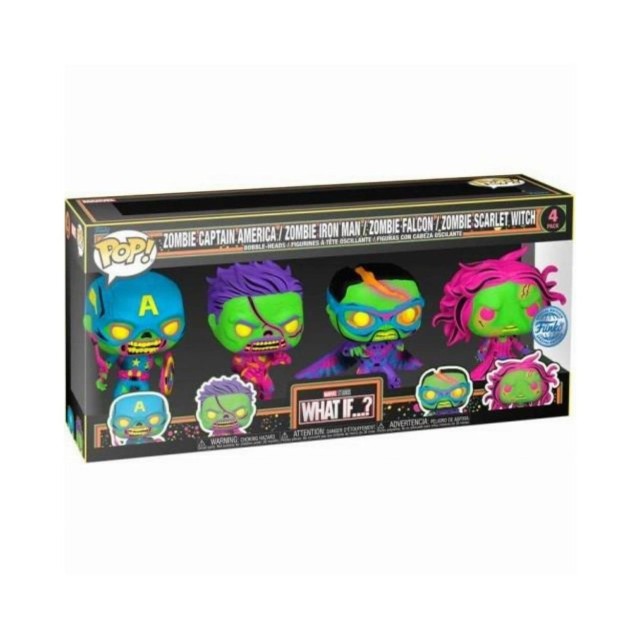 Funko Pop! 4-Pack: Marvel - What If...? - Zombie Captain America / Zombie Iron Man / Zombie Falcon / Zombie Scarlet Witch (Special Edition) (Blacklight) Vinyl Figures