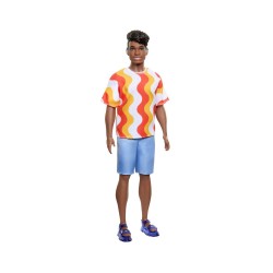 Mattel Barbie Ken Doll - Fashionistas #220 Dark Skin Doll with Behind the Ear Hearing Aids Wearing Orange Shirt & Jelly Shoes (HRH23)