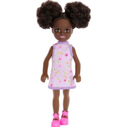 Mattel Barbie: Chelsea with Purple Floral Dress, Space Buns & Brown Eyes (Dark Skin) Doll (HXM96)