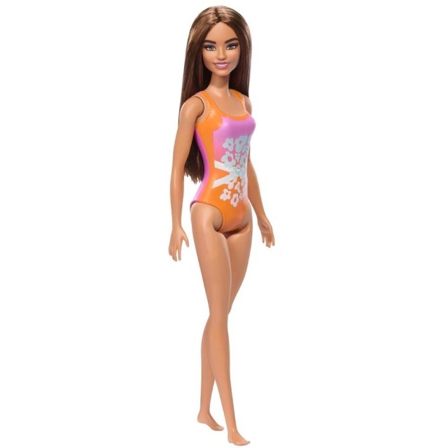 Mattel Barbie: Beach - Light Brown Hair Doll Wearing Tropical Pink and Orange Swimsuit (HPV21)