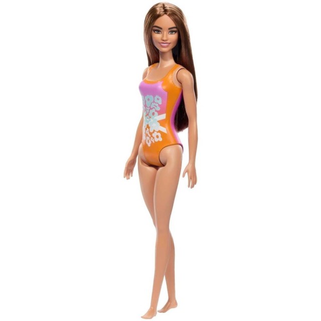 Mattel Barbie: Beach - Light Brown Hair Doll Wearing Tropical Pink and Orange Swimsuit (HPV21)