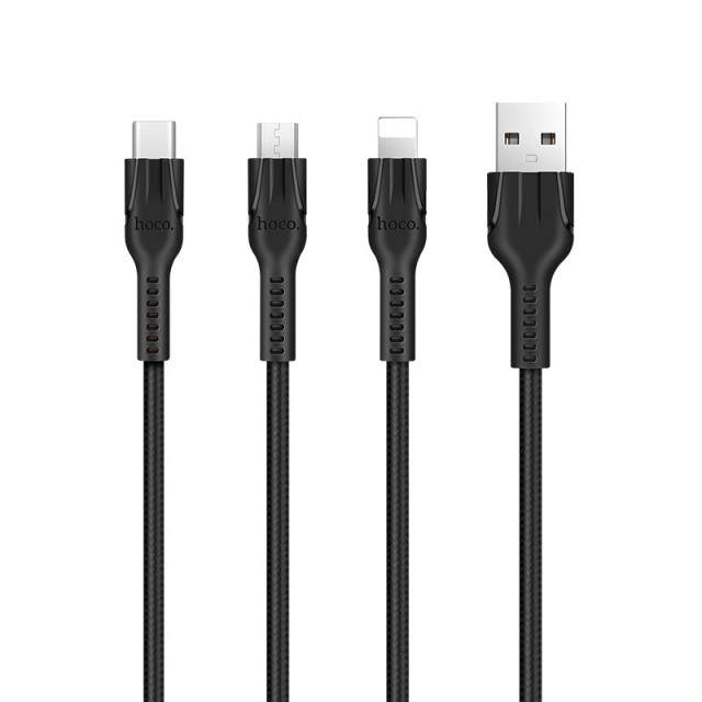 Καλώδιο σύνδεσης Hoco U31 Benay Braided με Νάυλον Κορδόνι 3 σε 1 USB σε Micro-USB, Lightning, USB-C Μαύρο 1,2m