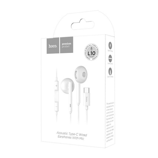 Hands Free Hoco L10 Earphones Stereo USB-C Συμβατά με Συσκευές USB-C Xiaomi Huawei Oppo Google Pixel  Άσπρο 1.2μ