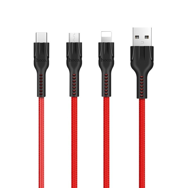 Καλώδιο σύνδεσης Hoco U31 Benay Braided με Νάυλον Κορδόνι 3 σε 1 USB σε Micro-USB, Lightning, USB-C Κόκκινο 1,2m