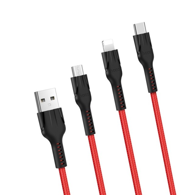 Καλώδιο σύνδεσης Hoco U31 Benay Braided με Νάυλον Κορδόνι 3 σε 1 USB σε Micro-USB, Lightning, USB-C Κόκκινο 1,2m