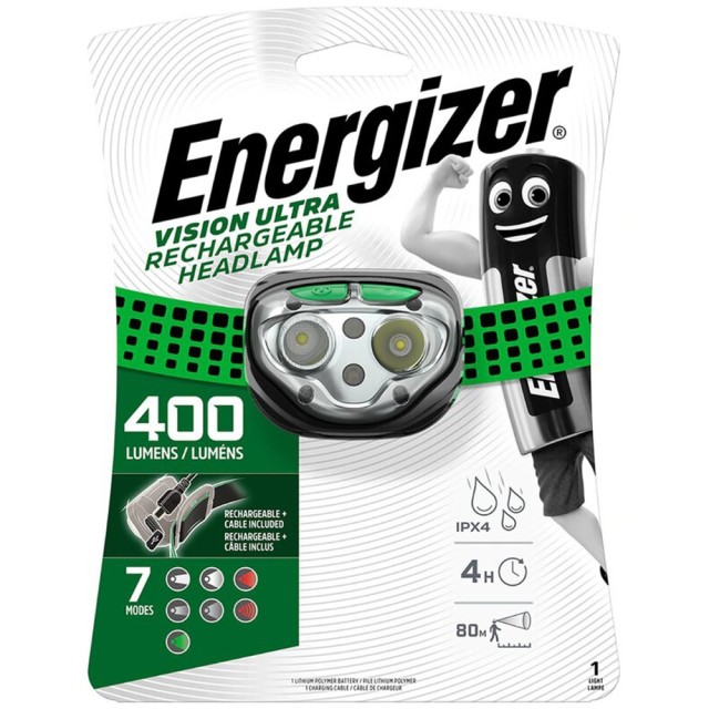 Φακός Κεφαλής Energizer Vision Ultra Rechargable 400 Lumens IPX4 με Καλώδιο Φόρτισης Πράσινο