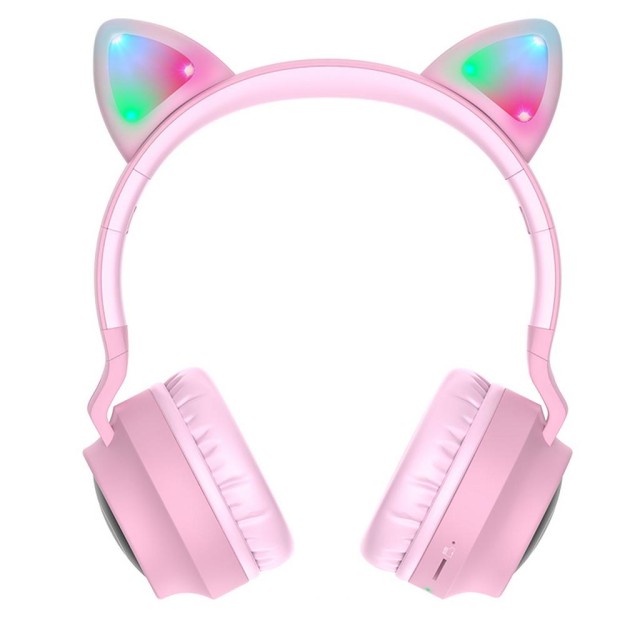 Wireless Ακουστικά Stereo Hoco W27 Cat ear Ροζ 300mAh Micro SD και AUX