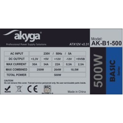 Τροφοδοτικό ATX Akyga AK-B1-500 500W P4 PCI-E 6+2 pin 3x SATA 2x Molex PPFC FAN 12cm