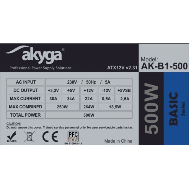 Τροφοδοτικό ATX Akyga AK-B1-500 500W P4 PCI-E 6+2 pin 3x SATA 2x Molex PPFC FAN 12cm