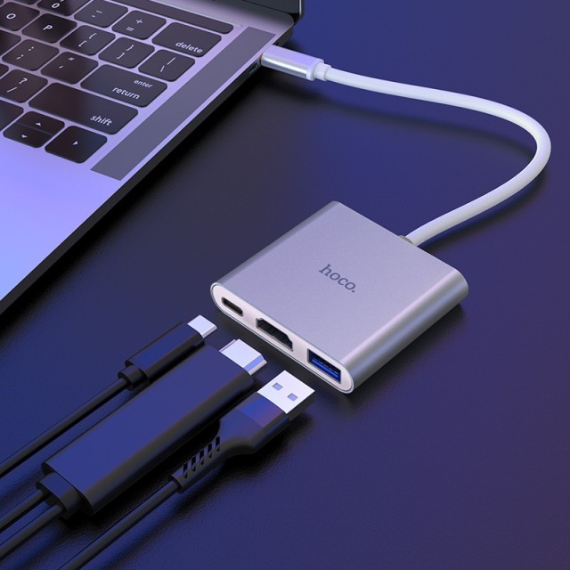 Hub Hoco HB14 Easy use USB-C με 3 Θύρες USB 3.0, USB-C PD, HDMI Ασημί