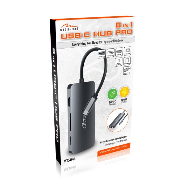 Hub Media-Tech MT5044 8 σε 1 USB-C με 3xUSB 3.0, USB-C PD, HDMI, RJ45, SD και Micro SD Θύρες Γκρι