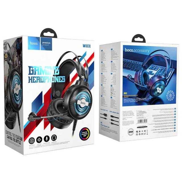 Ακουστικά Stereo Gaming Hoco W101 Streamer σύνδεση διπλού 3.5mm USB με Μικρόφωνο Μεγάλο Καλώδιο LED 7 Χρωμάτων Μαύρο