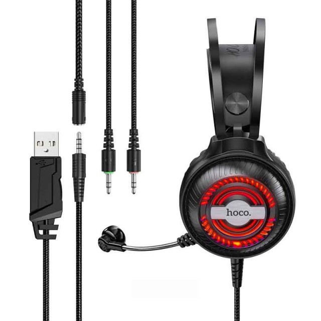 Ακουστικά Stereo Gaming Hoco W101 Streamer σύνδεση διπλού 3.5mm USB με Μικρόφωνο Μεγάλο Καλώδιο LED 7 Χρωμάτων Μαύρο