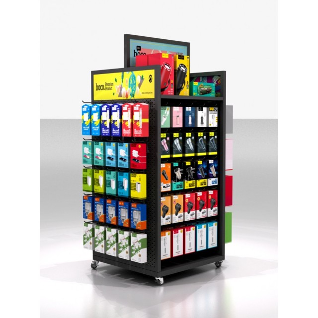 Stand Hoco Επιδαπέδιο HN11 Τετραπλή Προβολή Σιδερένιο, Γκρι (60x60x140 cm) 65 Γάντζους 120mm 65 Γάντζους 200mm