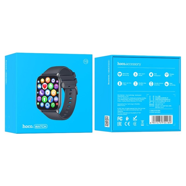 Smartwatch Hoco Y3 IP68 IPS Screen 1.69" 2.5D Glass 220mAh Bluettoth V5.0 Silicon Band Μαύρο