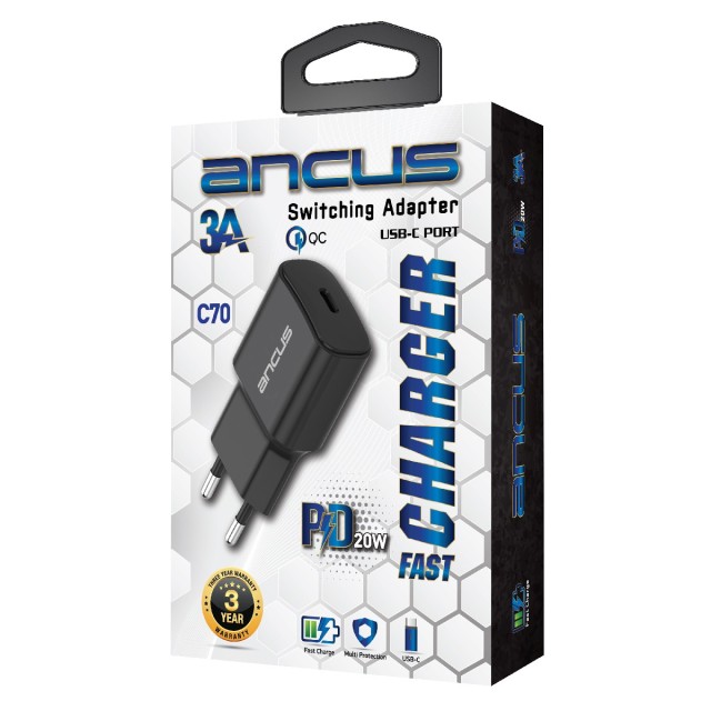 Φορτιστής Ταξιδίου Switching Ancus Supreme Series C70 Fast Charge με USB-C Έξοδο QC 3.0 PD 20W 5V/3A Μαύρο