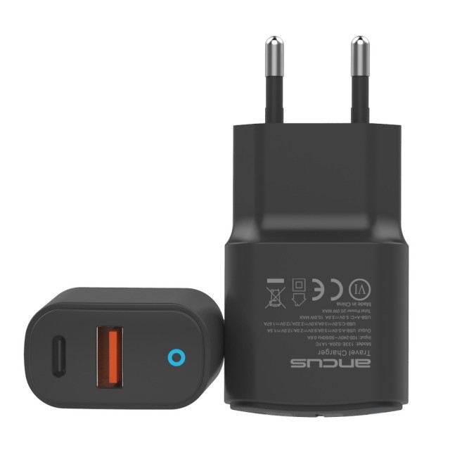 Φορτιστής Ταξιδίου Switching Ancus Supreme Series C70L Dual Fast Charge USB/USB-C Έξοδο QC3.0 PD 20W Μαύρο με LED