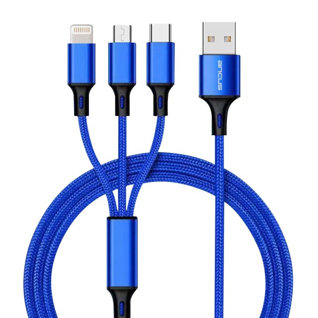 Καλώδιο Φόρτισης Ancus Flow Plus E54 USB 3 σε 1 Micro-USB, USB-C, Lightning 2.0A με  Braided Καλώδιο Μπλε 1μ. Με 5 Χρονια Εγγύηση