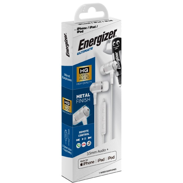 Hands Free Energizer UIL35WH Metal Stereo 3.5mm  με Αντάπτορα Lightning MFI σε 3.5mm και Πλήκτρα Λειτουργίας 1.2 Λευκό