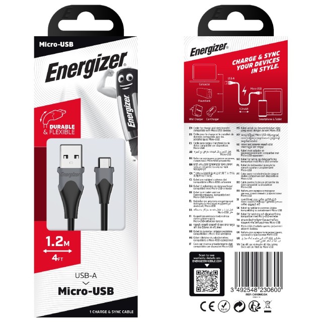 Καλώδιο Σύνδεσης Energizer Bicolor 2.4A Micro-Usb 1.2m Μαύρο