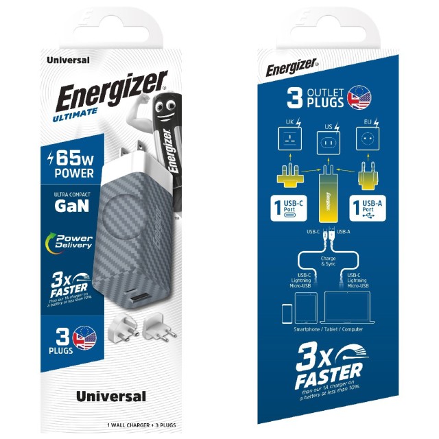 Φορτιστής Ταξιδίου Energizer A65MU PD65W Γρήγορης Φόρτισης 1 x USB-C 1 x USB-A   EU / UK / US Ασημί GaN Tech