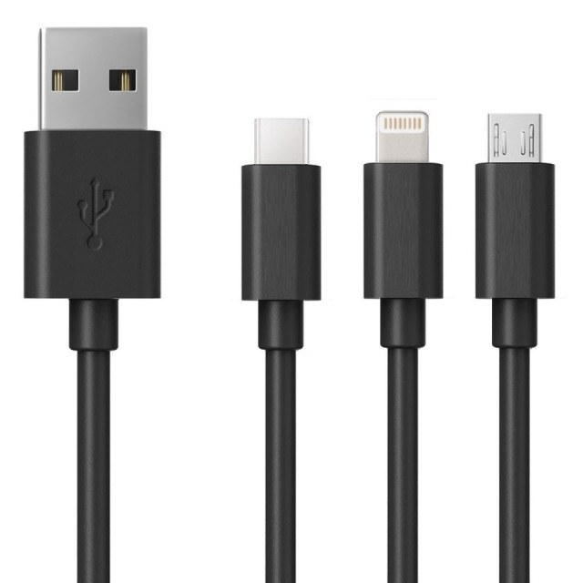 Καλώδιο Σύνδεσης και Φόρτισης Ancus Flow E44 USB 3 σε 1 Micro-USB, USB-C, Lightning 3.0A Μαύρο 1μ