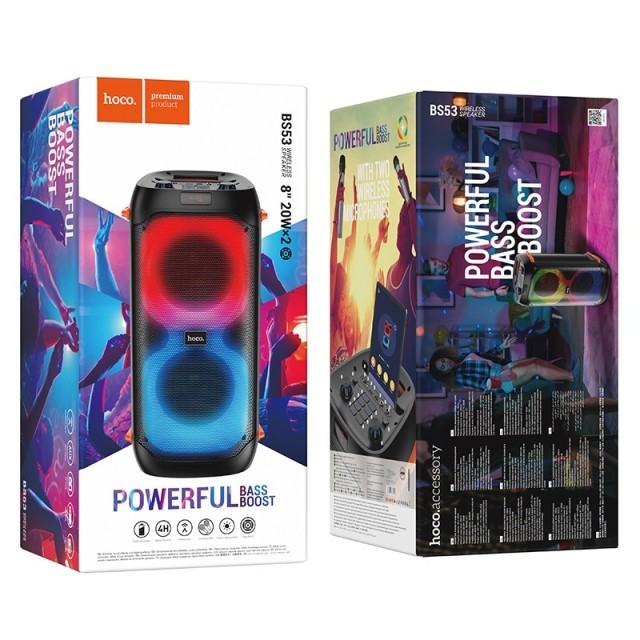 Φορητό Ηχείο Wireless Hoco BS53 Manhattan Μαύρο BT V5.1 2x20W 3600mAh USB 3.5mm FM με 2 Ασύρματα Μικρόφωνα