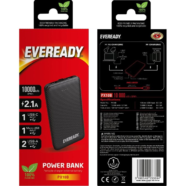 Power Bank Energizer Eveready Slim 10000mAh 2A  με 2x USB 2.0 και LED Ένδειξη Μπαταρίας Μαύρο