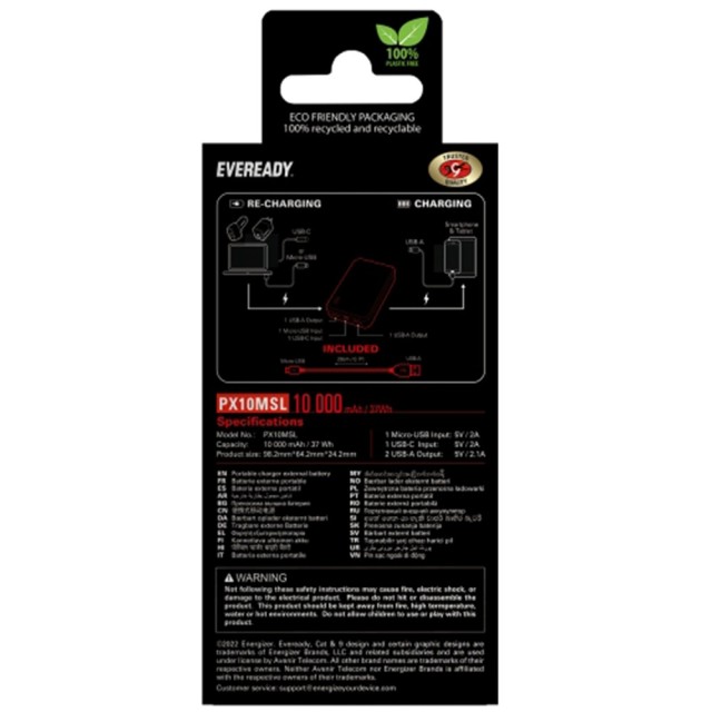 Power Bank Energizer Eveready Mini 10000mAh 2.1A με 2x USB 2.0 και LED Ένδειξη Μπαταρίας Ασημί